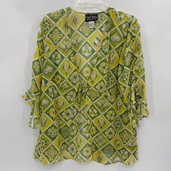 Bob Mackie Sweaters - BOB MACKIE Art To Wear Silk Sheer Layer Sz L Tie Front 3/4 Flutter Sleeve Kimono